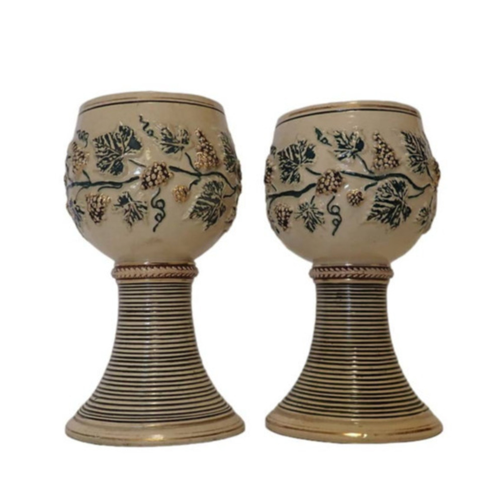 Vintage Gold Raise Relief Grapevine Pair‎ of German Grapevine Pottery Goblets